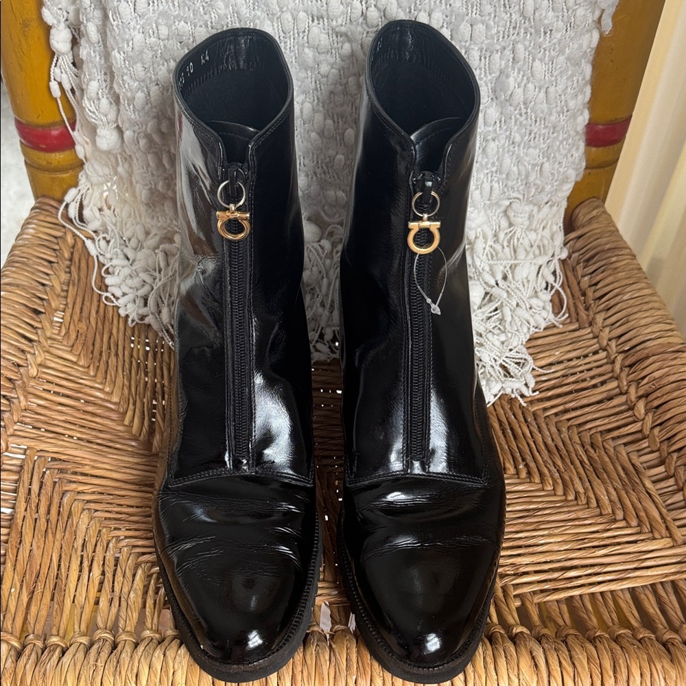 Salvatore Ferragamo Patent Leather  Ankle Boots - Size 10 Narrow